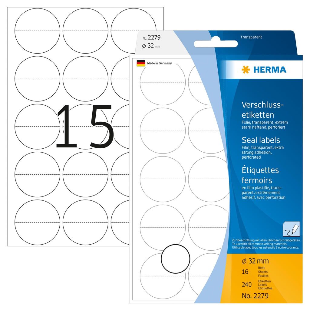 HERMA Verschlußetiketten Durchmesser: 32 mm transparent matt 240 Etiketten