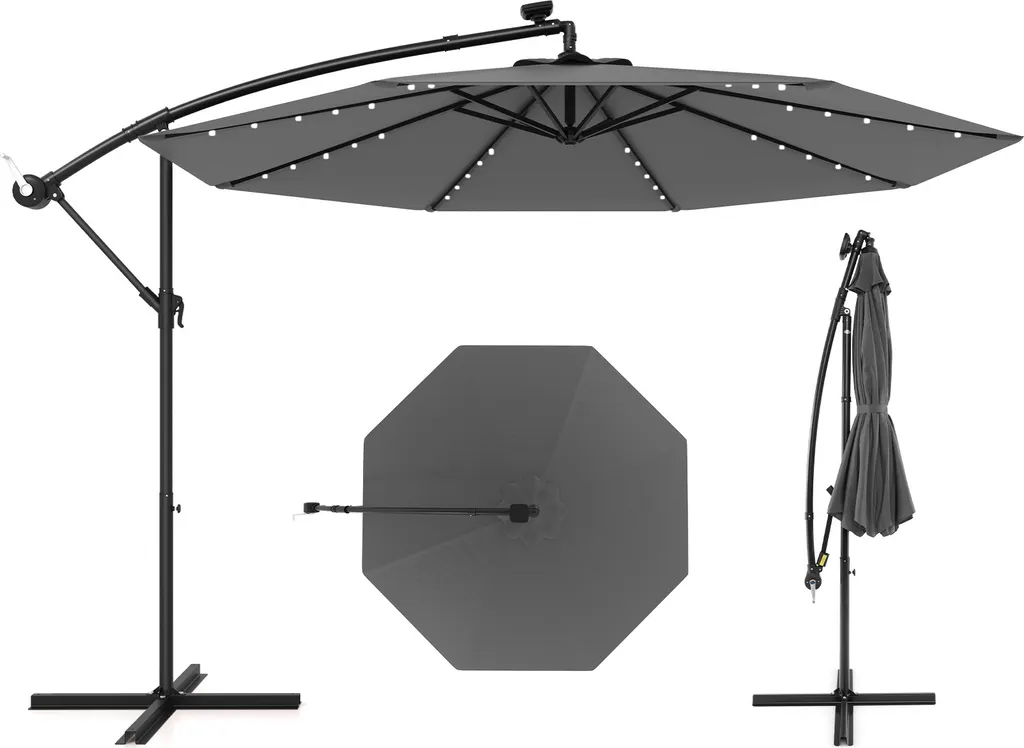 Parasol de terrasse inclinement réglable et éclairage de soirée