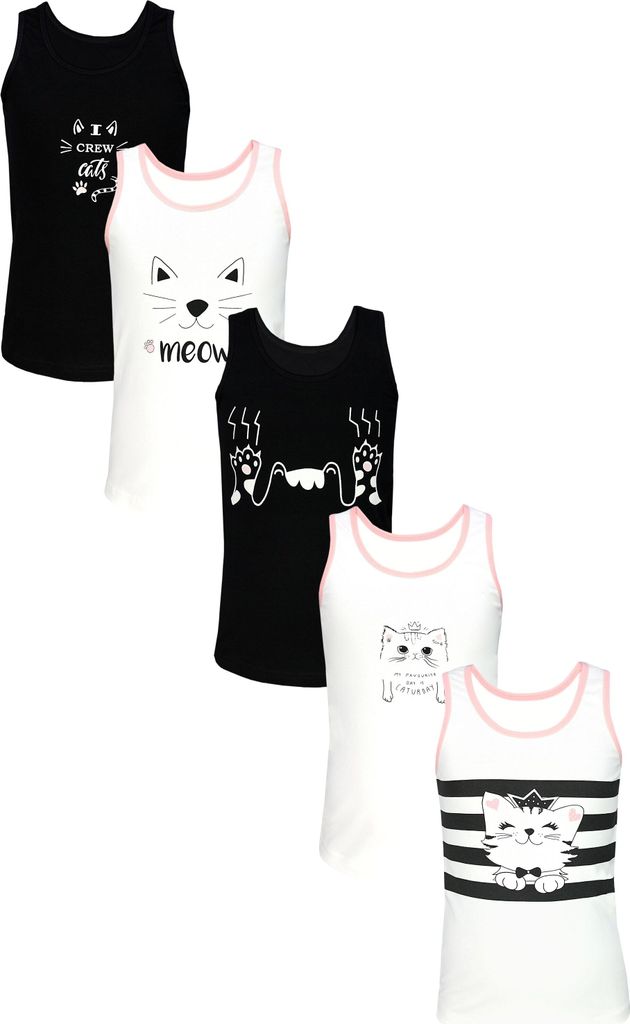 TupTam Unterhemden Mädchen Baumwoll Unterhemd 5er Pack Tank Top Ärmellos Kinder, Farbe: Katzen Creme Schwarz, Größe: 146-152