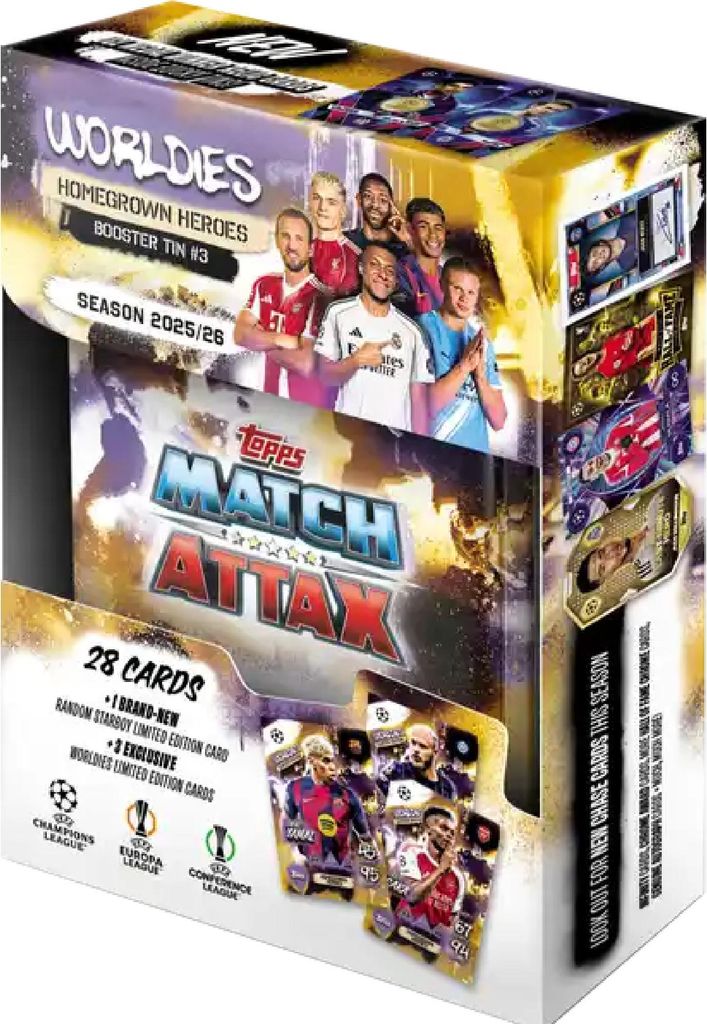 A Topps Match Attax booster tin for the 2025/26 season, featuring 'Homegrown Heroes'.