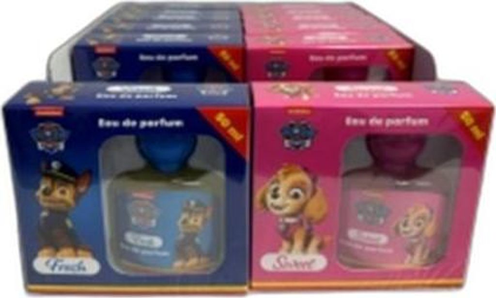 A display of Paw Patrol branded children's perfume bottles in their packaging.