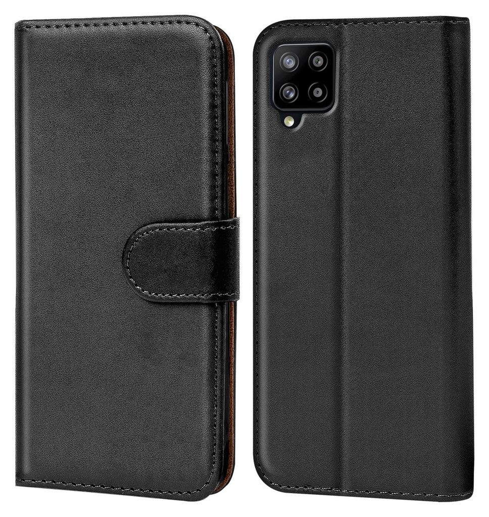 A black flip case for a Samsung Galaxy A42 5G phone is shown from the front and back.
