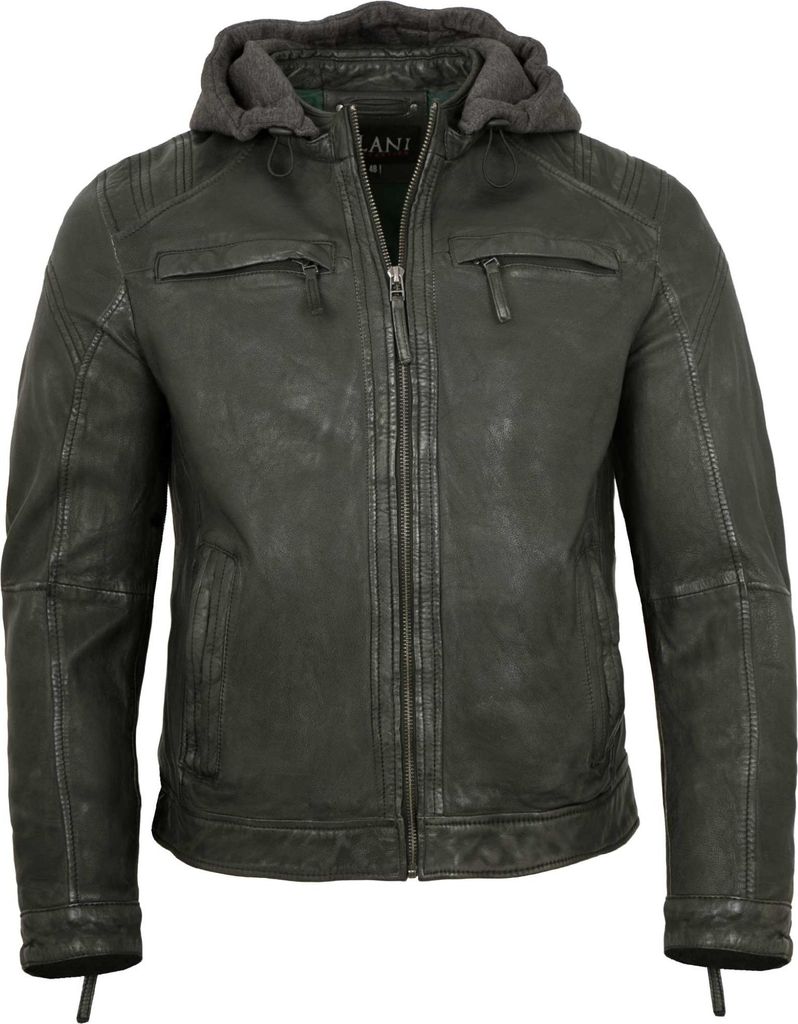 Jilani Collection - Herren Lederjacke Kapuze Lammnappa dunkelgrün : 48