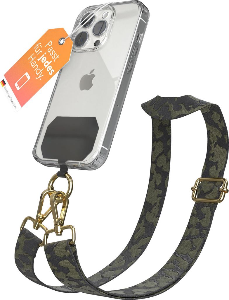 EAZY CASE - Handykette Universal Pad zum Umhängen, kompatibel mit jedem Handy, Kette mit Hülle, Handyband Camouflage Style in Grün