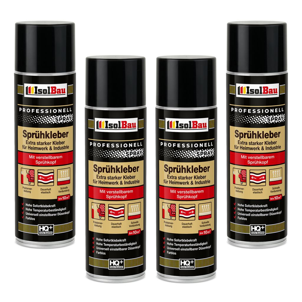 Isolbau Sprühkleber - 4 x 500 ml Extra starker Kleber für Heimwerk & Industrie - Klebe-Spray für Schaumstoff, Holz, Stoff, Leder, Filz uvm