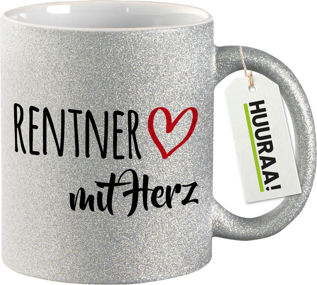 Huuraa Glitzertasse Rentner mit Herz 330ml Silber Keramik Kaffeebecher Geschenkidee