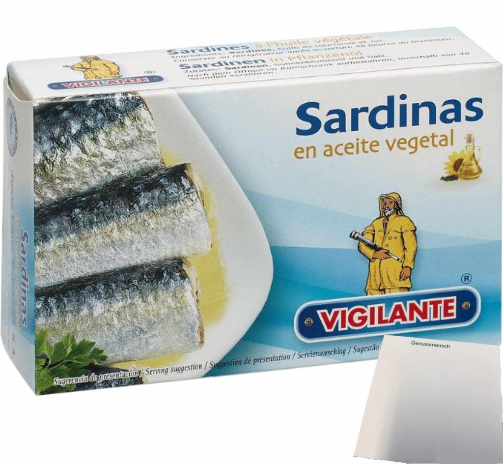 Vigilante Sardinen in Pflanzenöl, Sardinas en aceite vegetal 3er Pack (3x120g Dose) + usy Block