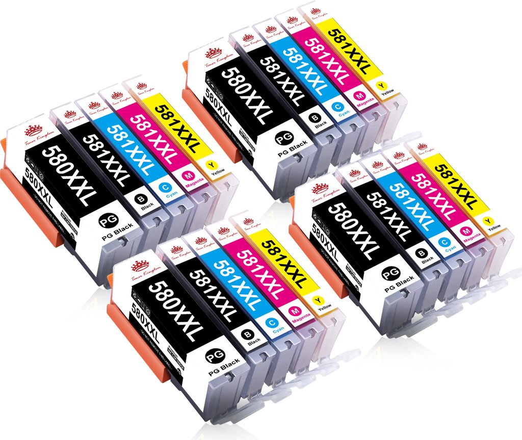 A collection of printer ink cartridges arranged in a grid.