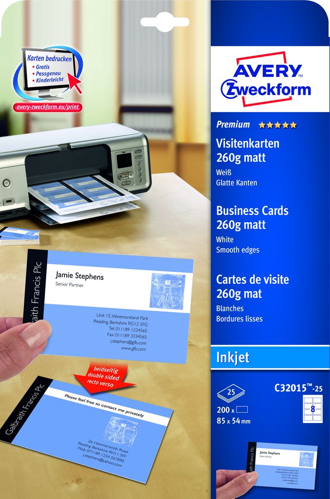 Avery Zweckform C32015-25 Premium Visitenkarten, 85 x 54 mm, Inkjet-Spezialbeschichtung beidseitig - matt, 25 Blatt