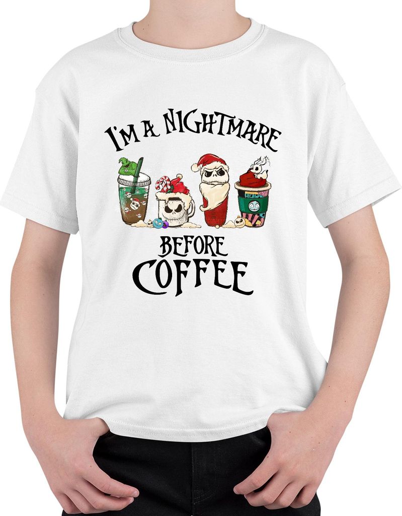 I'm a Nightmare Before Coffee Weihnachten Skelett Santa Geschenk Uni Kinder T-Shirt, Weiß, 116