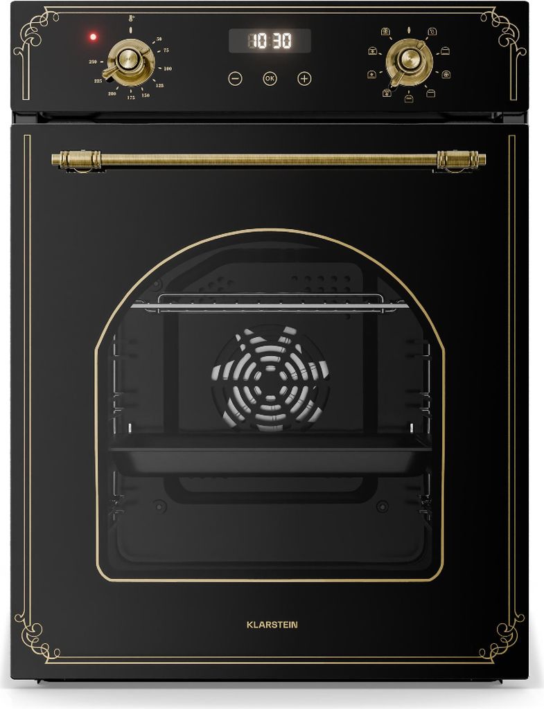 A black built-in oven with gold accents, shown from the front.