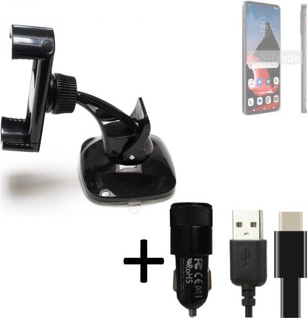 K-S-Trade Handy-Halterung kompatibel mit Motorola ThinkPhone Windschutzscheibe / Armaturenbrett + LADEGERÄT mit Mico USB Kabel Autohalterung