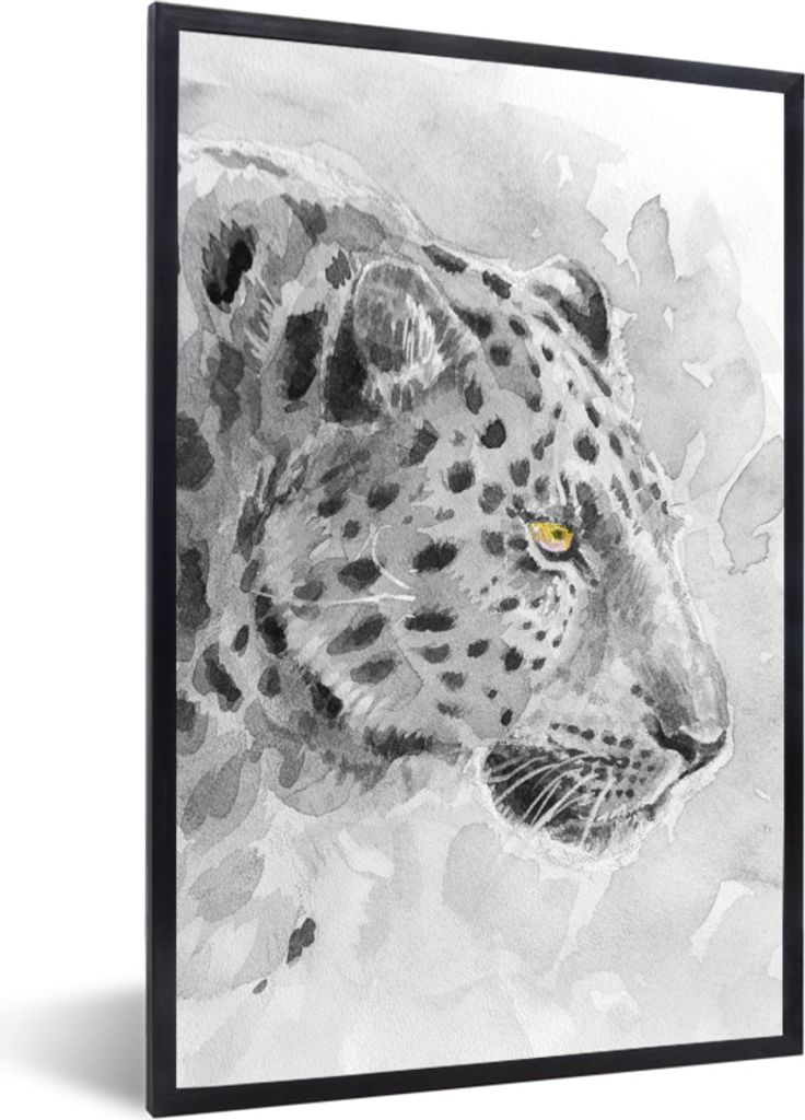 MuchoWow Gerahmtes Poster Panther - Aquarell - Schwarz - Weiß 60x90 cm - Poster mit Schwarzem Bilderrahmen Wandposter Rahmen Foto Bilder - Kunst