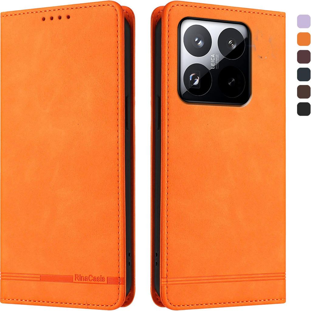 Hülle für Xiaomi 15T, Retro Kunstleder Ständer Klapphülle mit Kartenfächer und Magnetische Orange