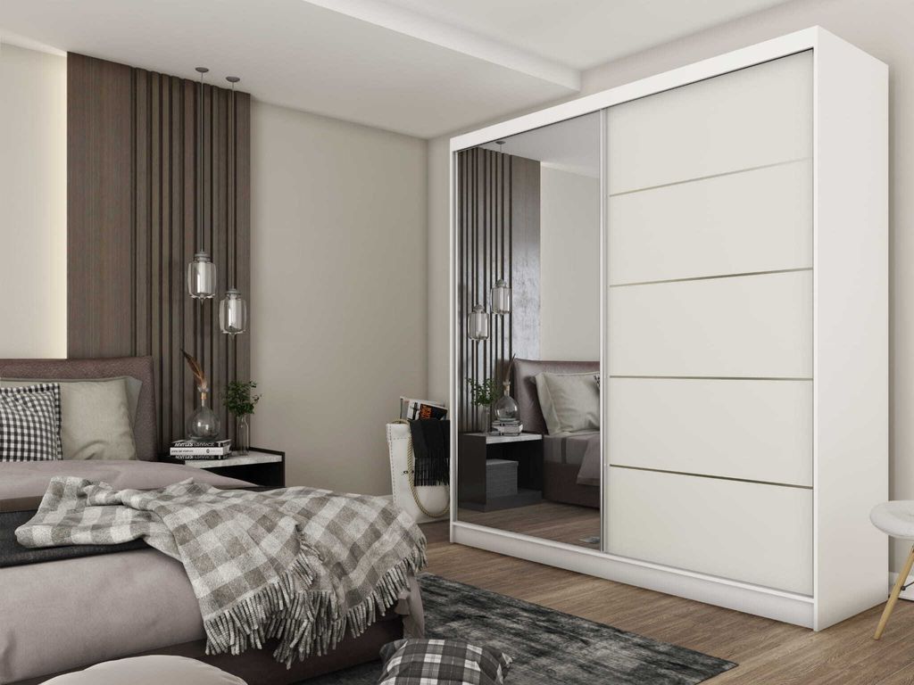 AGMAT Schwebetürenschrank Kira, Kleiderschrank mit 2 Türen und Spiegel, Moderne Garderobe in Farbe: Weiß, Schrank in Größe: 200 x 216 x 61 cm