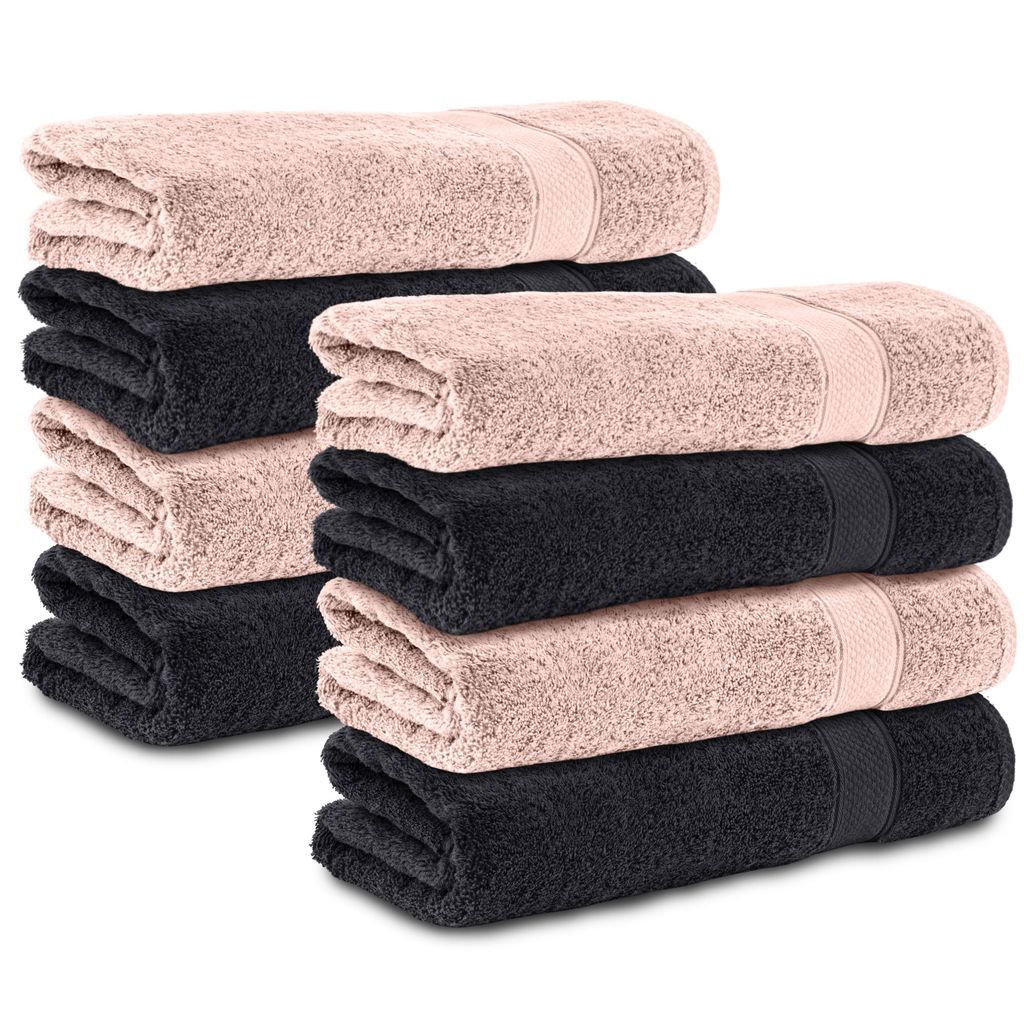 Komfortec 8er Duschtücher 70x140 cm Set aus 100% Baumwolle, 470g/m², Frottee, Weich, Schwarz/Rosa