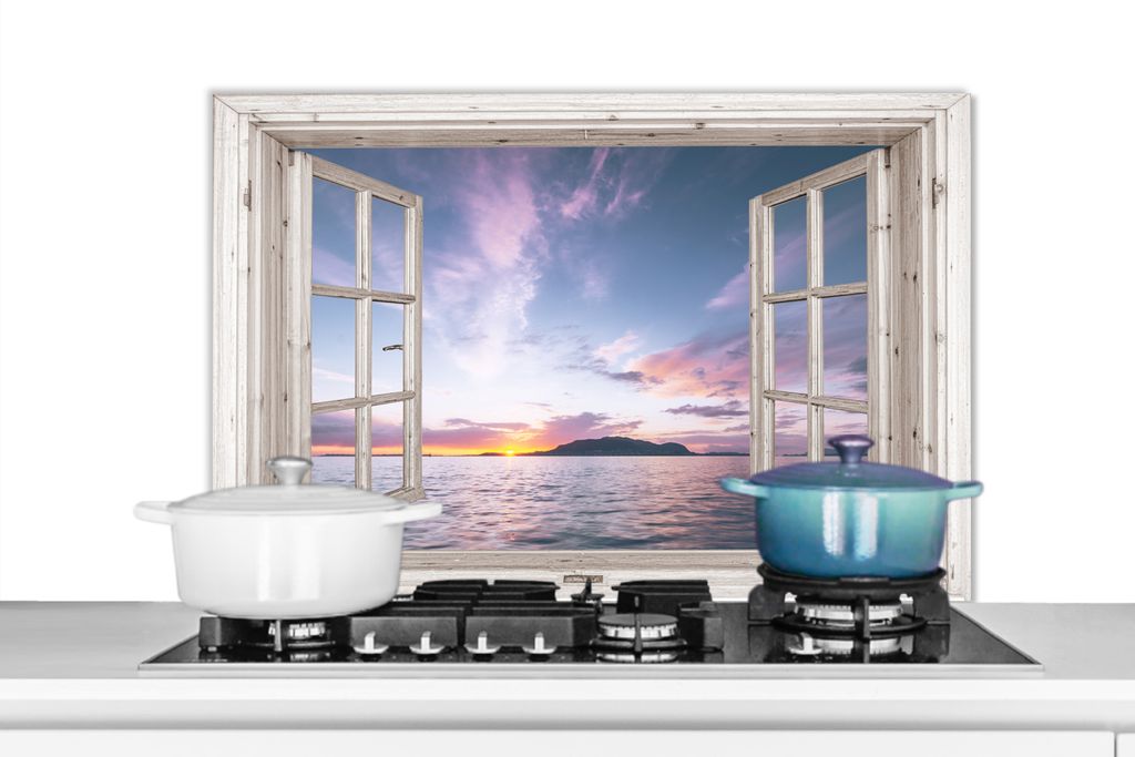 KitchenYeah Spritzschutz Küche - Küchenrückwand - Wandschutz für Herd und Spüle - Aussicht - Meer - Insel 80x55 - Alu-Dibond (Alternative z...