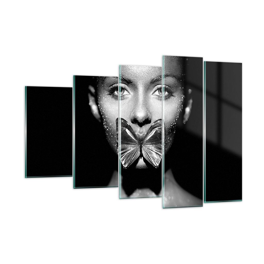 Bilder auf glas - 5 Teile - Frau Schmetterling Mund - 150x100cm - Glasbilder - Wandbilder - Bilder - zum Aufhängen bereit - Wanddekoration aus Gla...