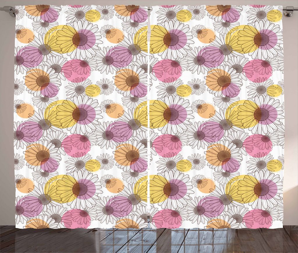 ABAKUHAUS Gänseblümchen Rustikaler Vorhang, Blumenskizze und Dots, Wohnzimmer Universalband Gardinen mit Schlaufen und Haken, 280 x 225 cm, Mehrf...