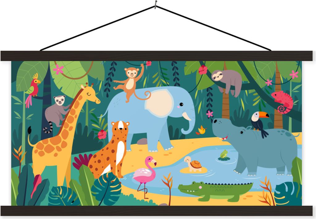 MuchoWow Textilposter Dschungel - Kinder - Tiere 150x75 cm mit schwarzem Rahmen - Posterleiste