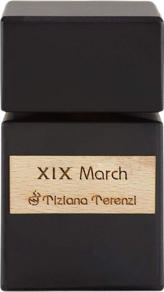 A black perfume bottle with a wooden label.
