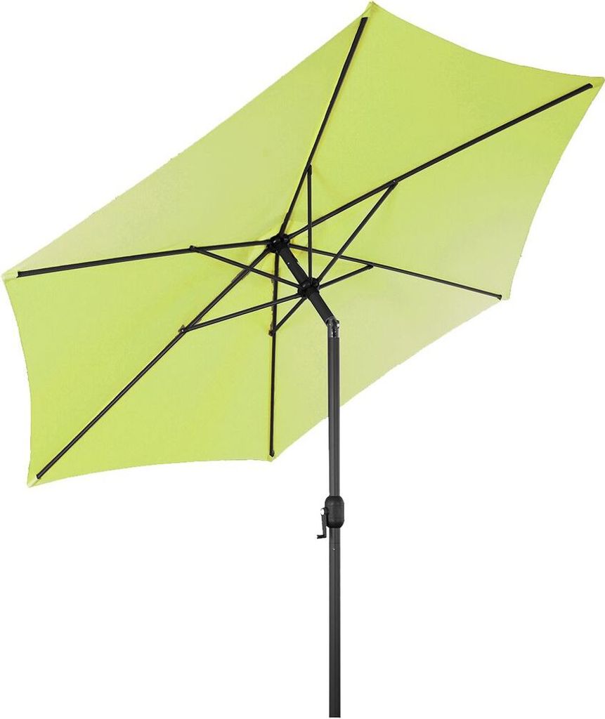 A rectangular patio umbrella is shown from below, angled upwards against a white background. The umbrella is lime green with a black metal frame and pole. A crank mechanism is visible on the pole.