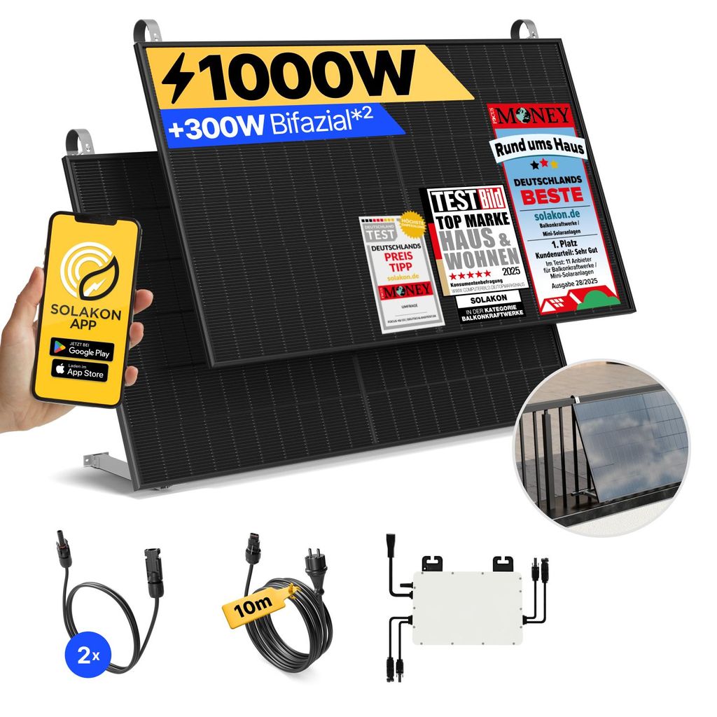 Balkonkraftwerk 1000W Solaranlage mit Balkon Halterung Produktbild 