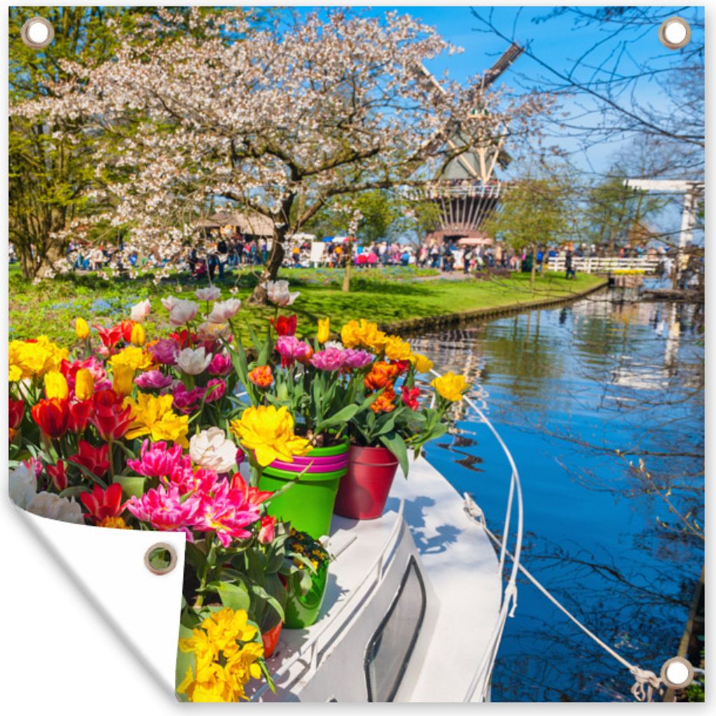 MuchoWow 100x100 cm Outdoor-Poster Gartendeko Sichtschutz Garten Poster für den Garten Boot mit Tulpen auf dem Keukenhof in Südholland