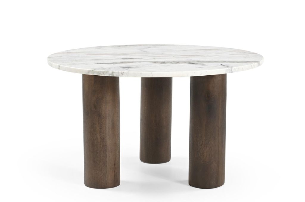 Marmoholz - Noto Couchtisch rund Ø70 cm x H40 cm – grauer Marmortisch mit dunkelbraunem Massivholzgestell, Industrial- & Japandi-Stil