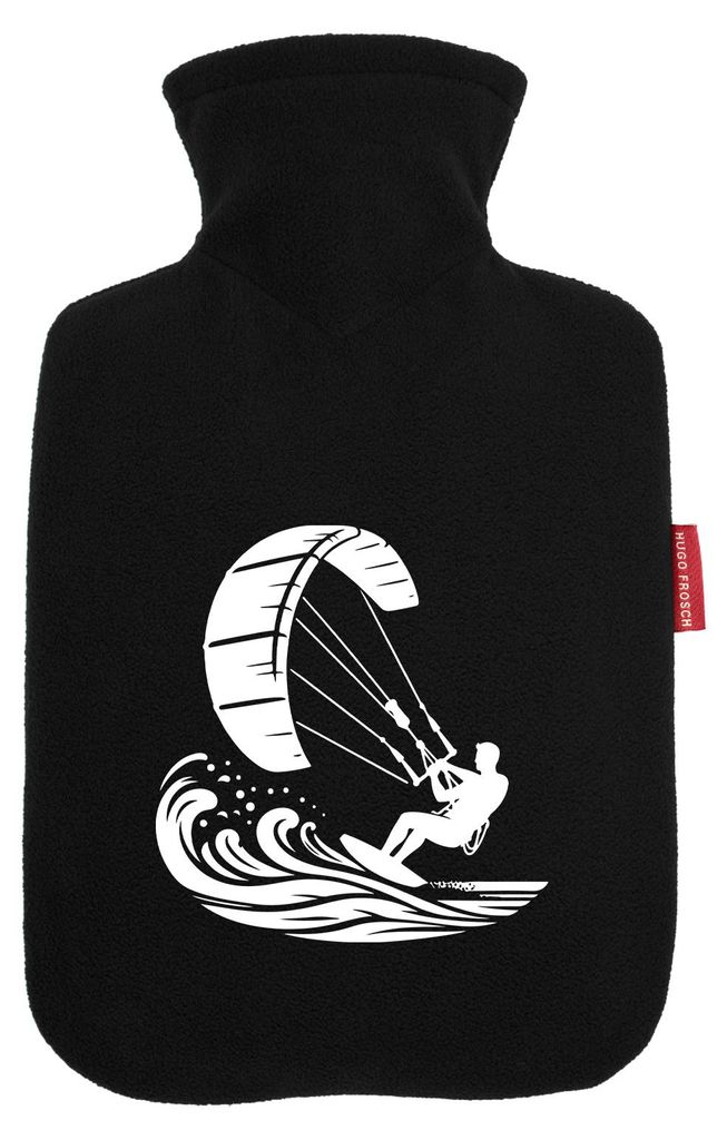 Huuraa Wärmflasche Kitesurfen Silhouette 1,8 Liter Black Classic Veloursbezug Bettflasche Geschenkidee