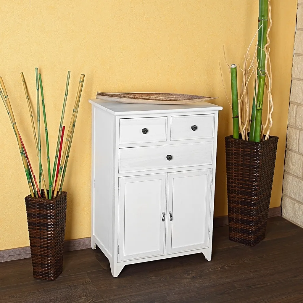 Commode Mucola Shabby Chic Blanc en Bois avec Étagère et Sideboard