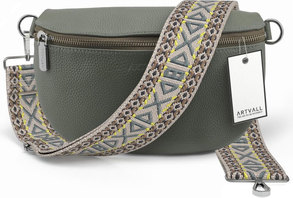 ARTVALL - Umhängetasche aus Leder, Klein mit verstellbarem Schultergurt, abnehmbares Taschenband, Crossbody Bag in Grün