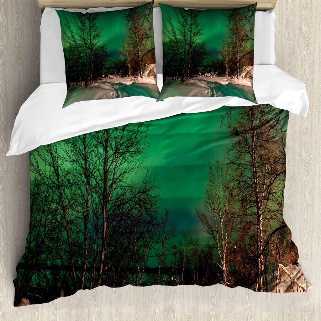 ABAKUHAUS Nordlicht Bettbezug, Snowy Gefrorene Straßen, Milbensicher Allergiker geeignet mit Kissenbezügen, 155 cm x 220 cm - 80 x 80 cm, Jade-Gr...