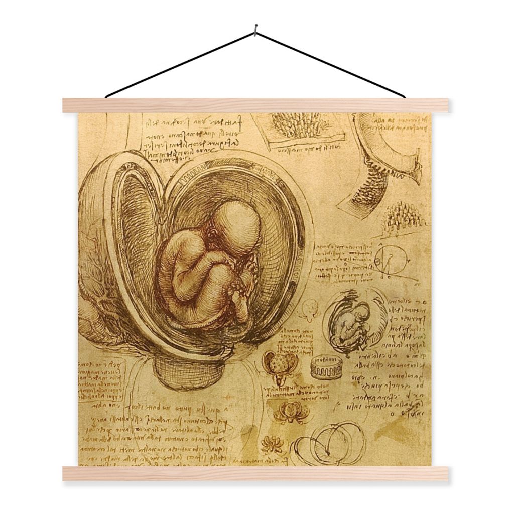 MuchoWow Textilposter Leonardo da Vinci 120x120 cm mit holzfarbenen Rahmen - Textil-Poster