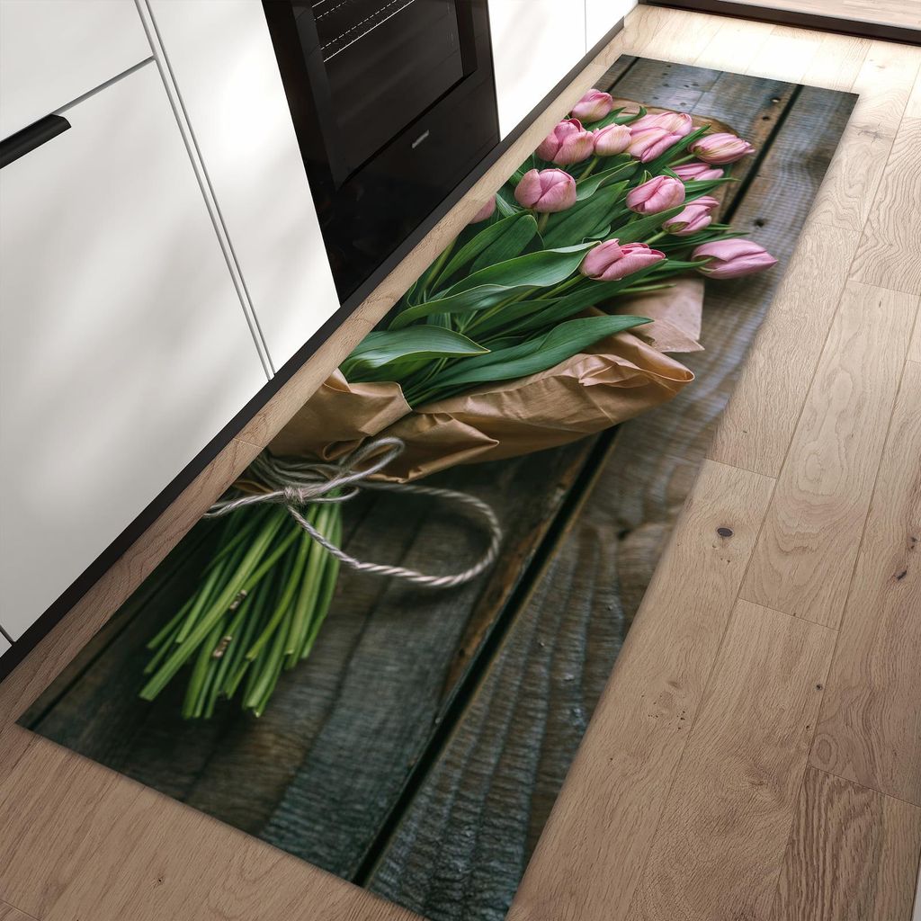 Küchenteppich 60x90cm rutschfest & abwischbar PVC Läufer - Rosa Tulpenstrauss
