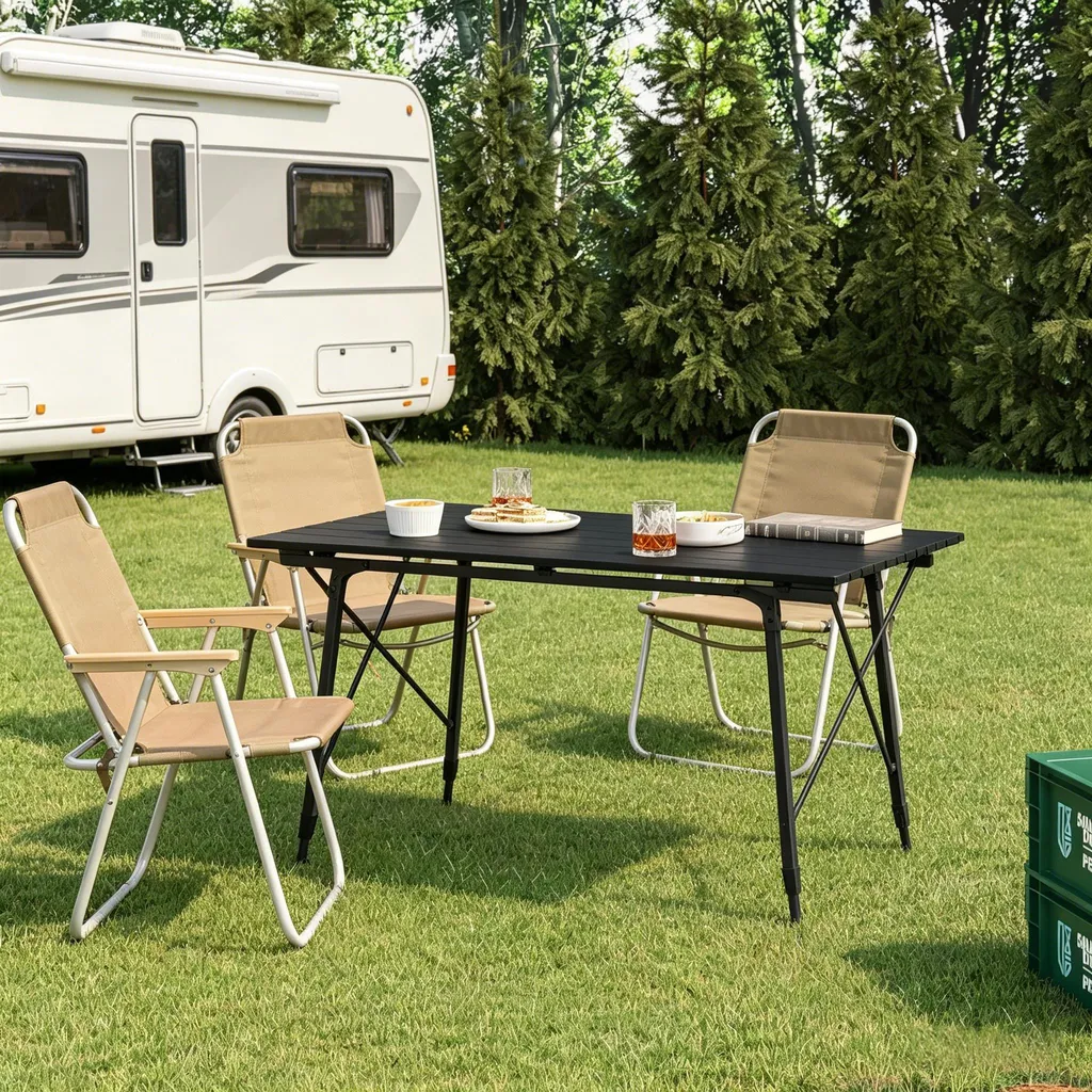 Table de camping pliable à hauteur réglable avec plateau en aluminium