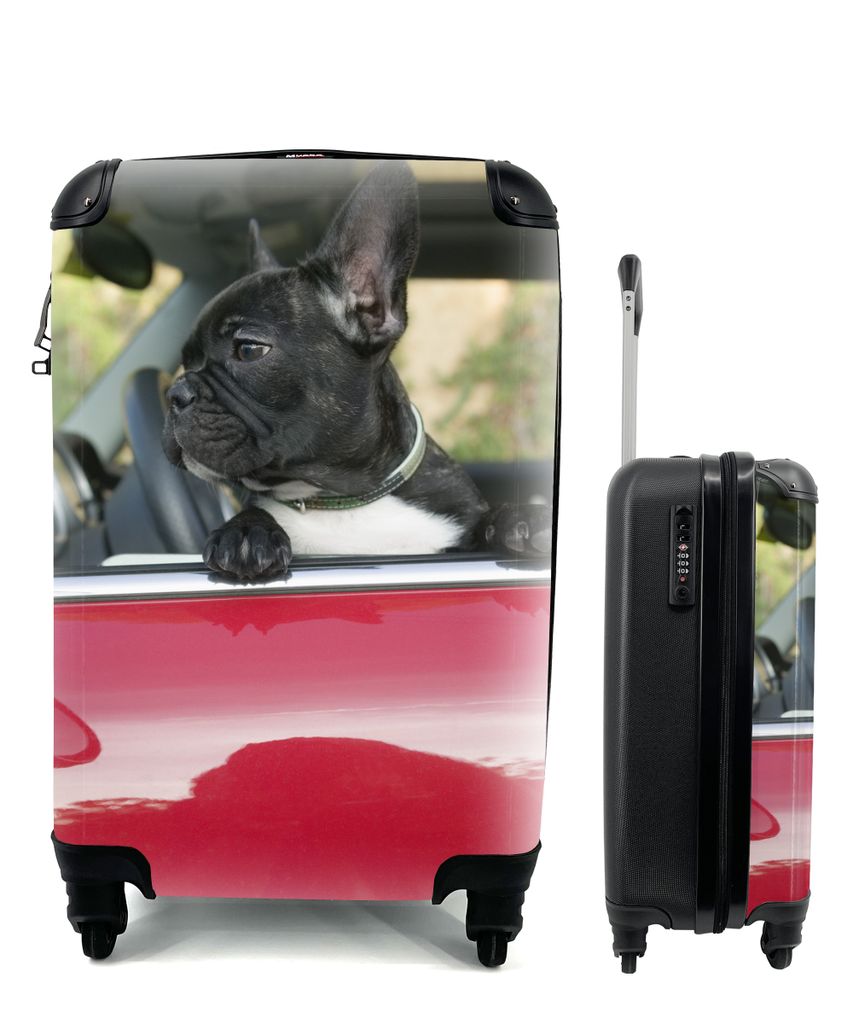 MuchoWow Koffer Handgepäck Trolley Rollkoffer Kleine Reisekoffer mit 4 Rollen - Französische Bulldogge - Auto - Rot - Cabin Size < 55x40x23 cm ...