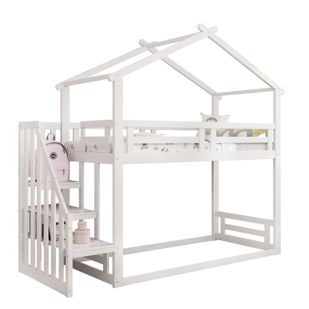 Etagenbett, 90x200 cm, Kinderbett mit 2 Schlafgelegenheiten, 1 Lattenrost und Rausfallschutz, Hausbett, Kiefer