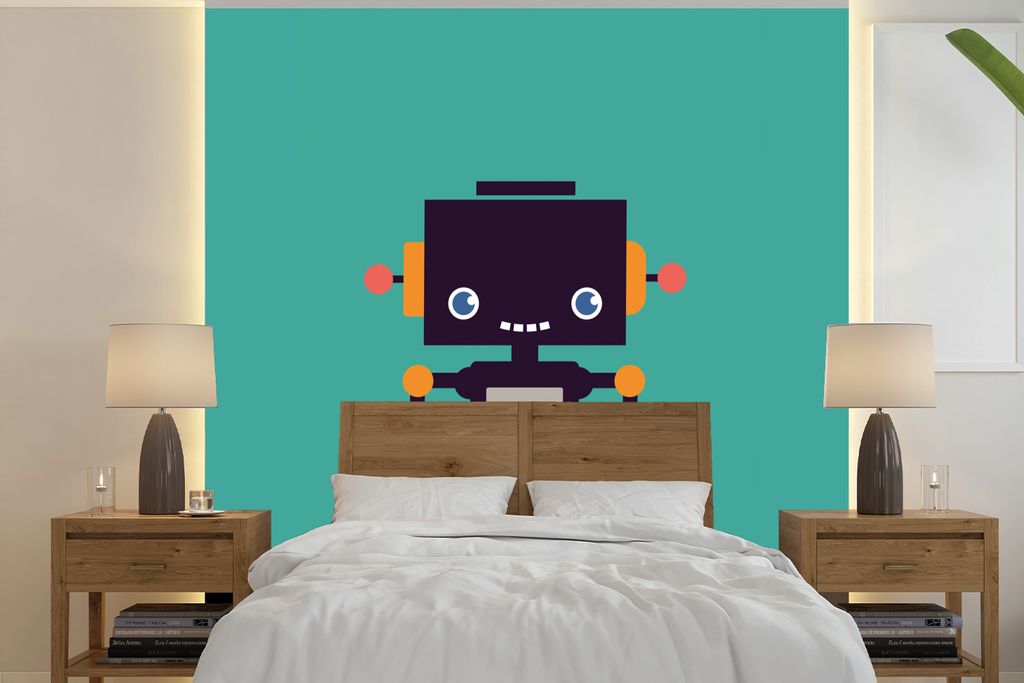 MuchoWow Fototapete für Wohnzimmer oder Schlafzimmer Wandtapete Vinyl Motivtapete Roboter - Gesicht - Antenne - Blau - Jungen - 220x220 cm - Kin...