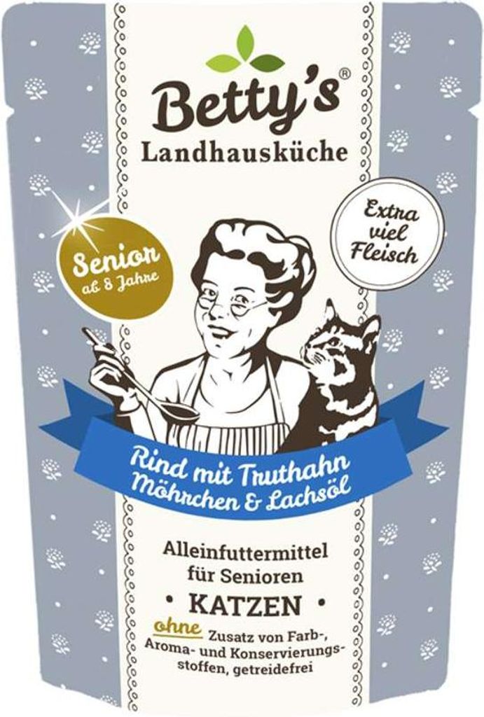 Bettys Landhausküche Katze SENIOR Frischebeutel Rind & Truthahn & Möhrchen & Lachsöl 100 g