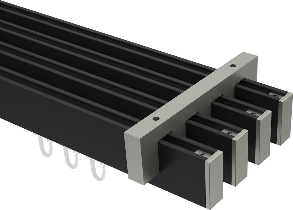 Interdeco Innenlaufstange / Gardinenstange mit Innenlauf Schwarz / Edelstahl-Optik, Typ Smartline Paxo (Kappe), 14x35 mm 4-läufig, 200 cm