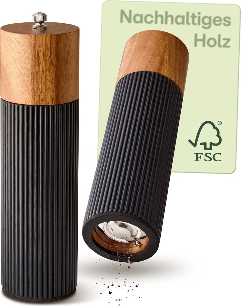 Praknu Salz & Pfeffermühle Set aus Akazienholz – Edles Design mit Keramikmahlwerk – Stufenlos Einstellbar & Langlebig – Schwarz – Groß