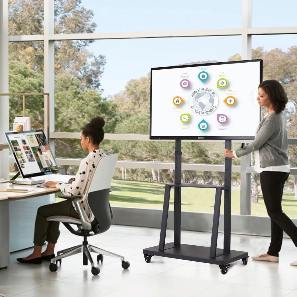 Support TV réglable en hauteur avec roues - Structure Acier Noir Robuste - 2