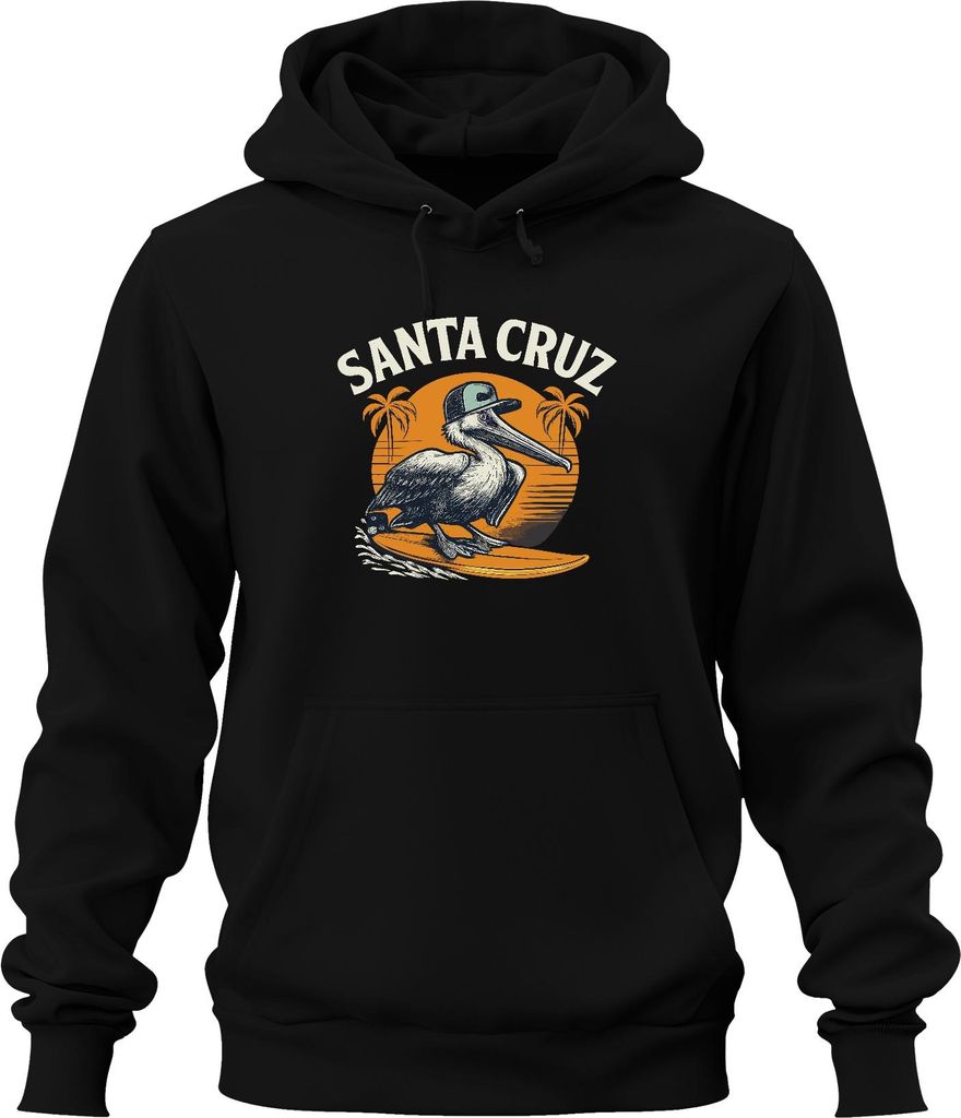 Santa Cruz Pelikan Surfer Sonnenuntergang Palmen Küste Vintage Uni Hoodie Kapuzenpullover, Schwarz, XL