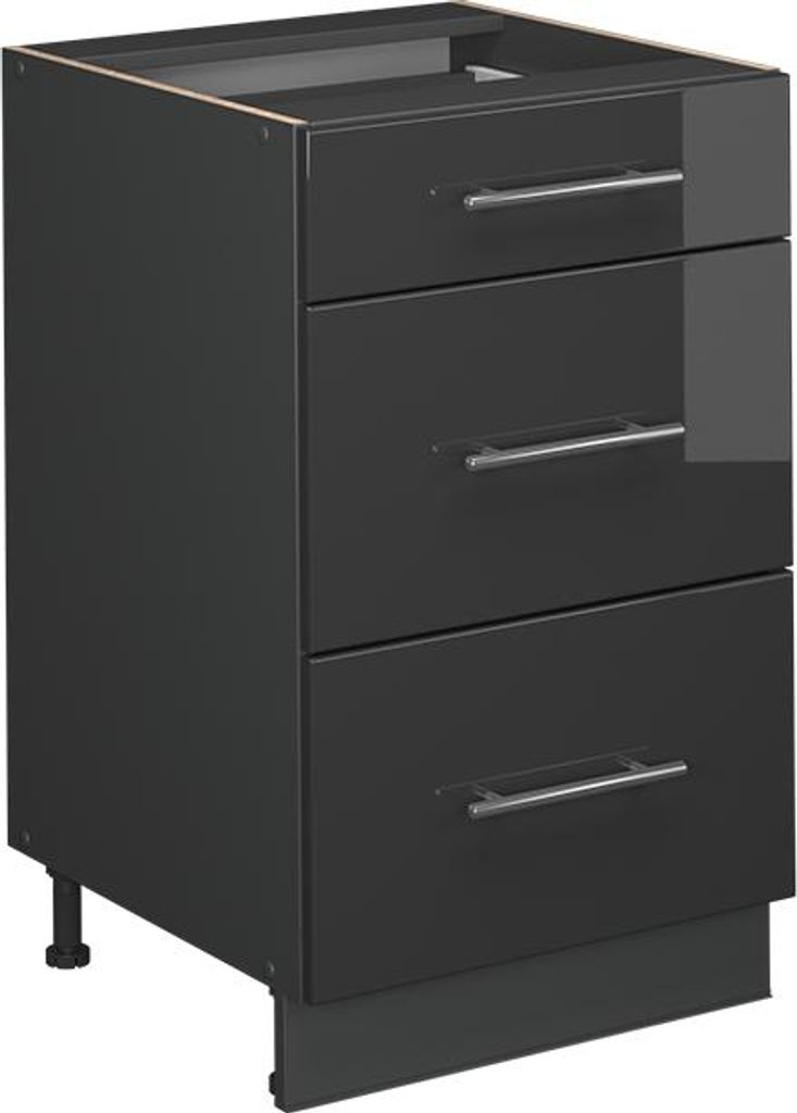 A dark gray kitchen base cabinet with three drawers, shown from a three-quarter front view against a white background.