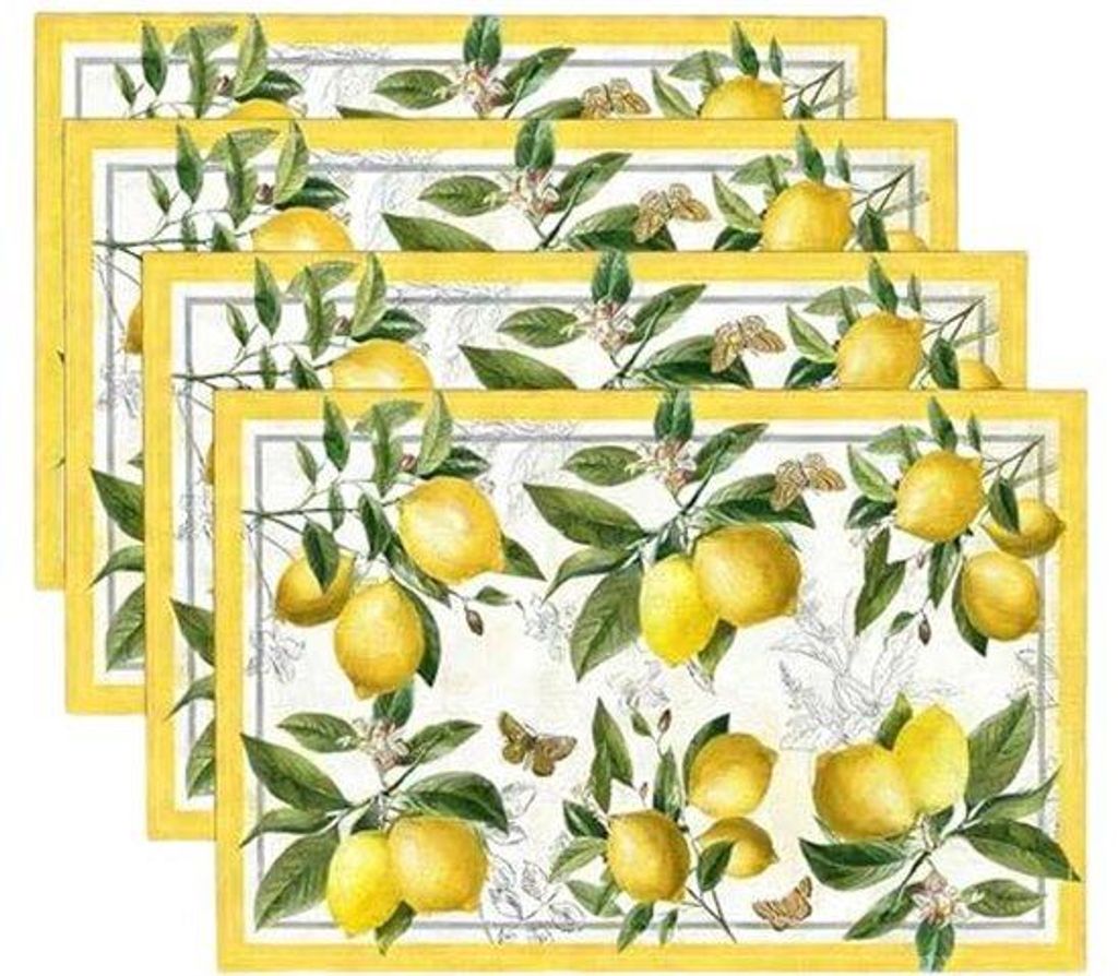 Ultiluxe Tischsets - 4er Set - Leinen Platzsets - 30 x 45 cm - Waschbares Material - Zitronen Schmetterling Druck - Gelb/Grün