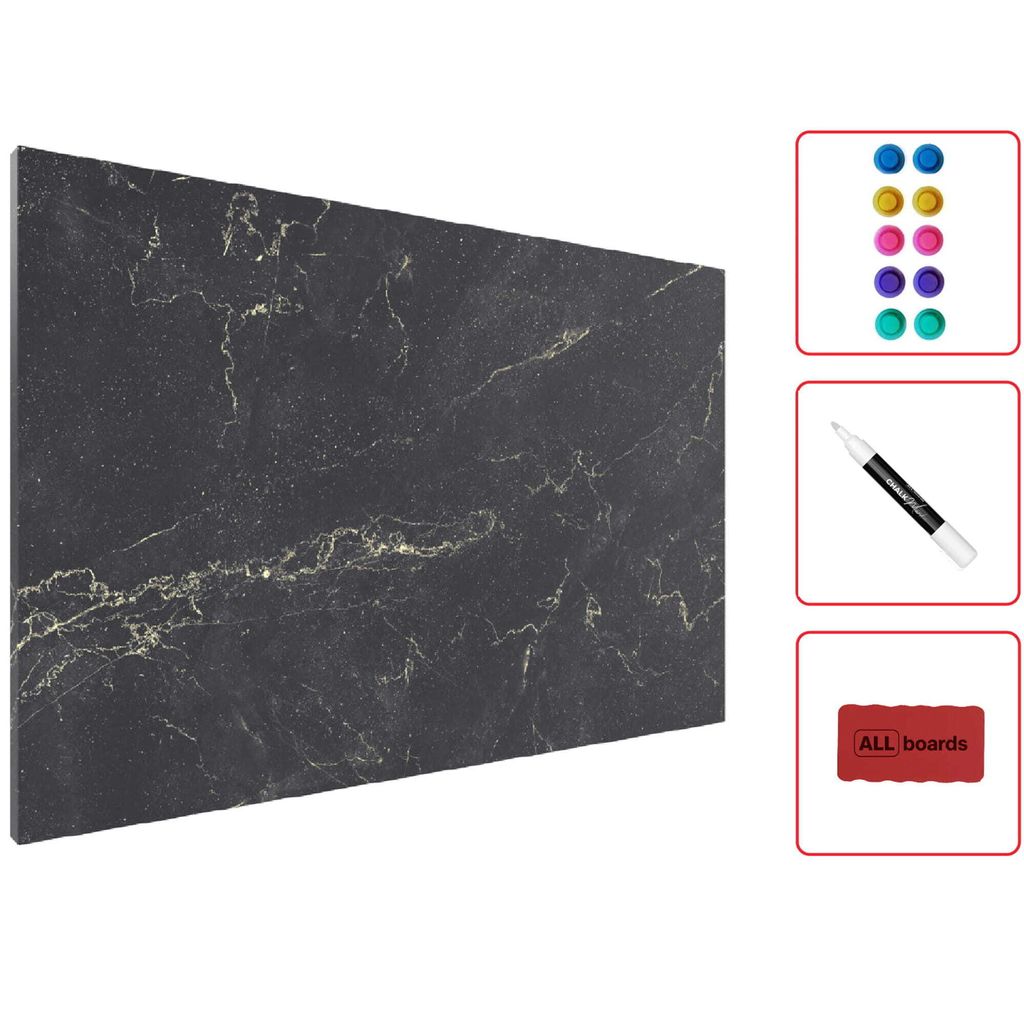 A metallic magnetic board with a black marble pattern, shown with accessories like magnets, a marker, and an eraser.