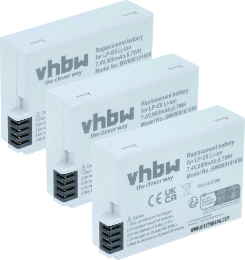 vhbw 3x Akku kompatibel mit Canon EOS 600D, Kiss X6i, 650D, Rebel T2i, 700D, Kiss X5, 550D, Kiss X4, Kiss X7i Kamera (900 mAh, 7,2 V, Li-Ion)