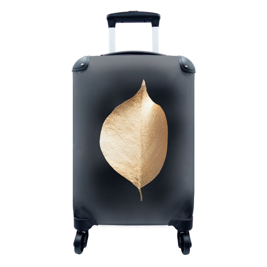 MuchoWow Koffer Handgepäck Trolley Rollkoffer Kleine Reisekoffer mit 4 Rollen - Blatt - Schwarz - Gold - Cabin Size < 55x40x23 cm & 55x40x20 cm ...