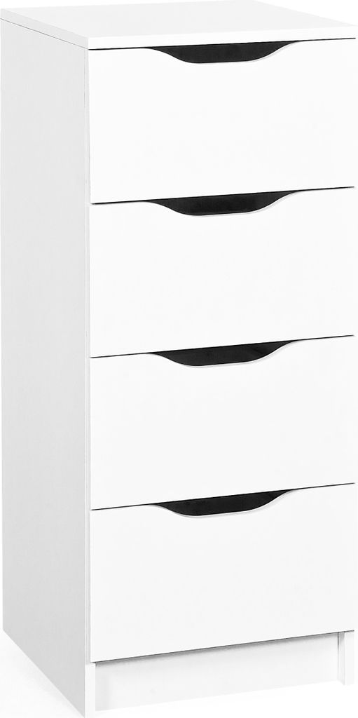 A white chest of drawers with four drawers.